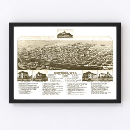 Vintage restored map of Cheyenne, Wyoming, 1882, Laramie County railroad era