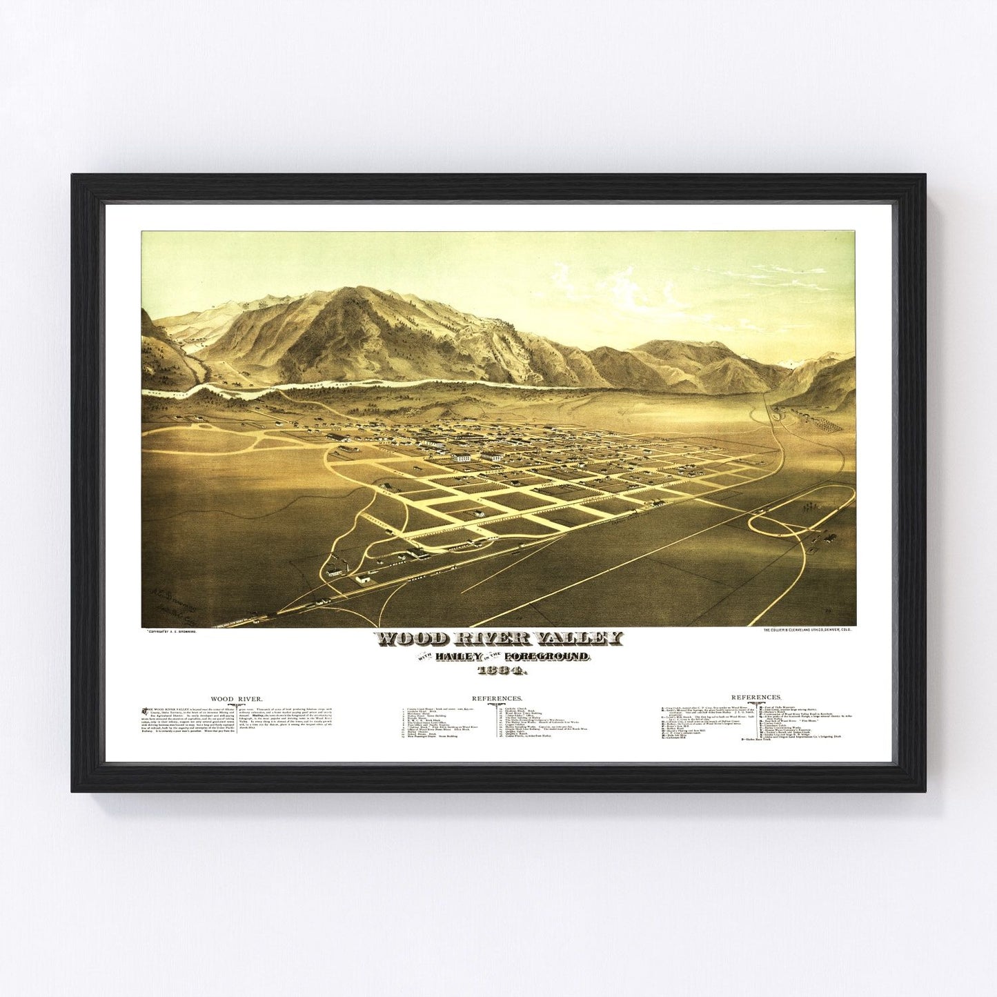 Vintage map of Wood River Valley, Blaine County, Idaho, 1884, mining-era restored print