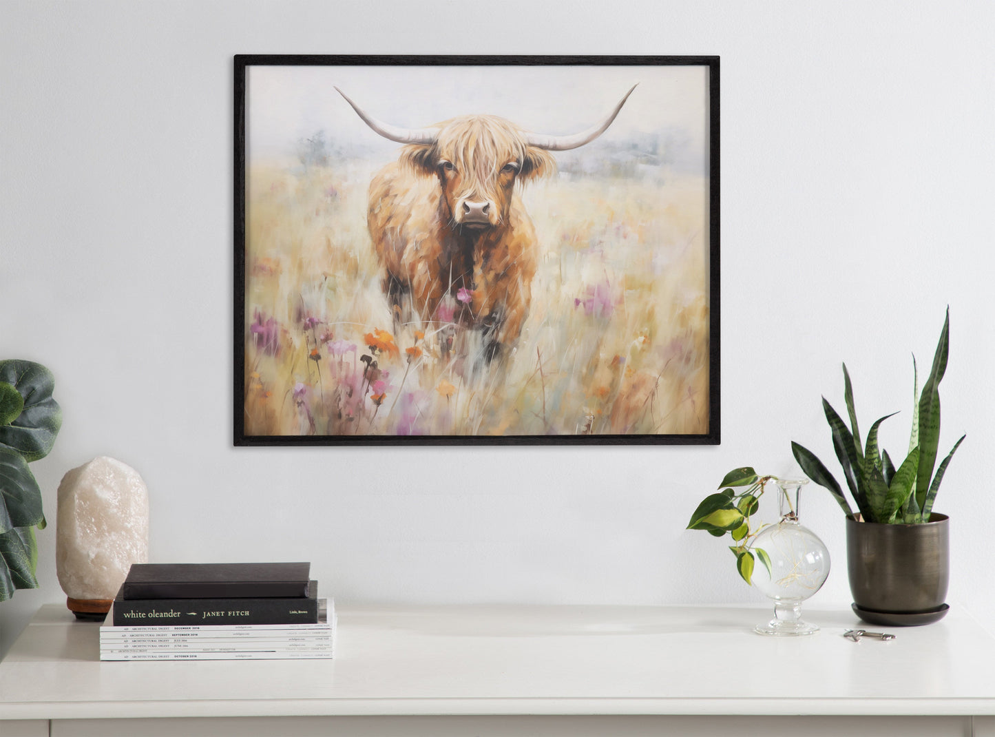 Highland Cow in a Flower Field Framed Wall Art Print