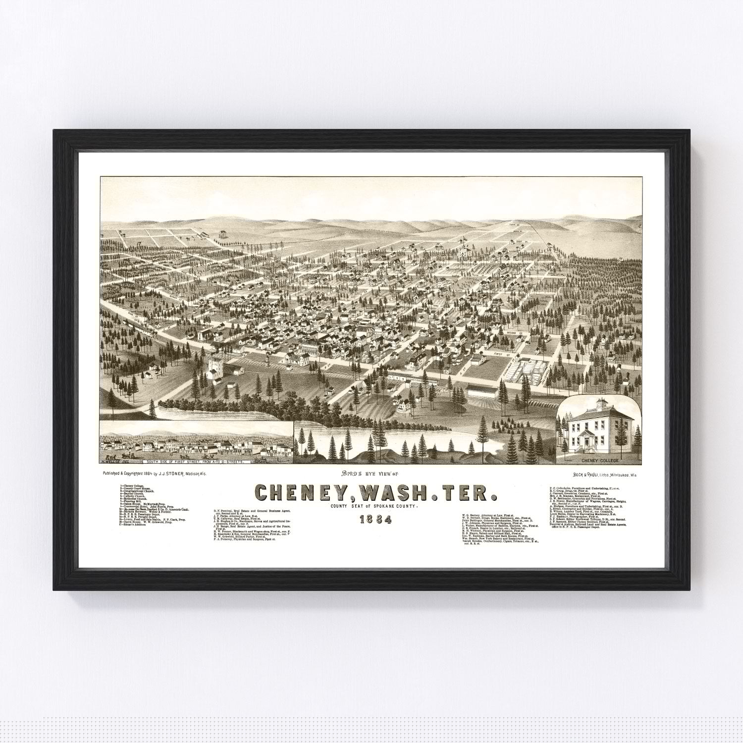 Vintage map of Cheney, Spokane County, Washington, 1884, digitally restored print