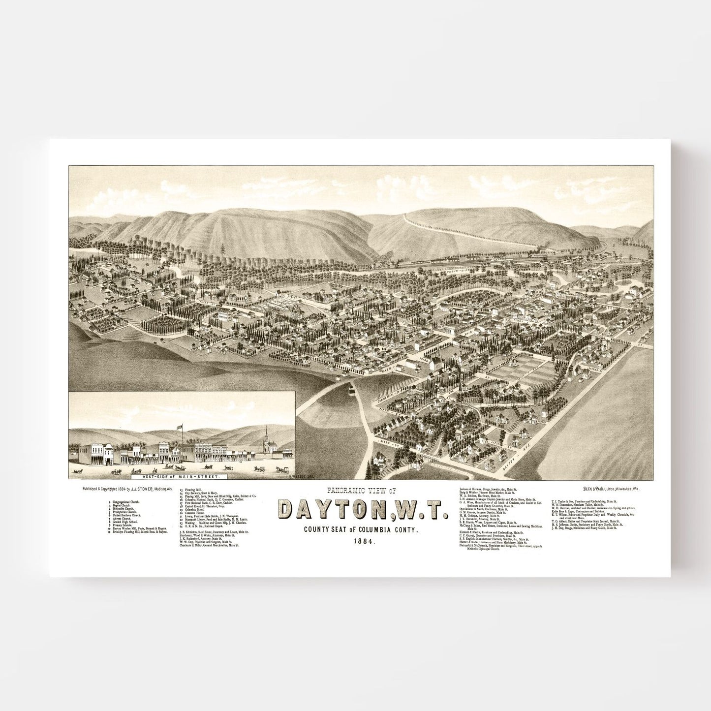 Vintage Map of Dayton, Washington, 1884