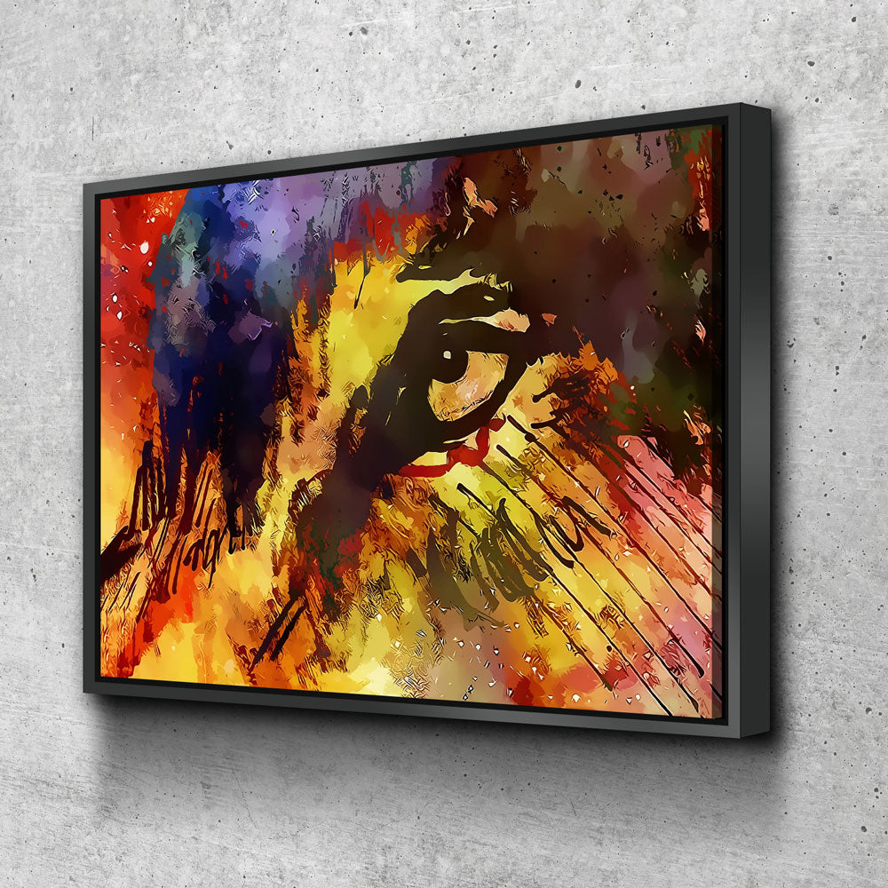 Eye of the wolf canvas wall art hanging in a rustic living room