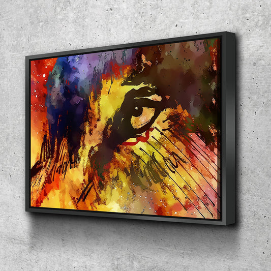 Eye of the wolf canvas wall art hanging in a rustic living room