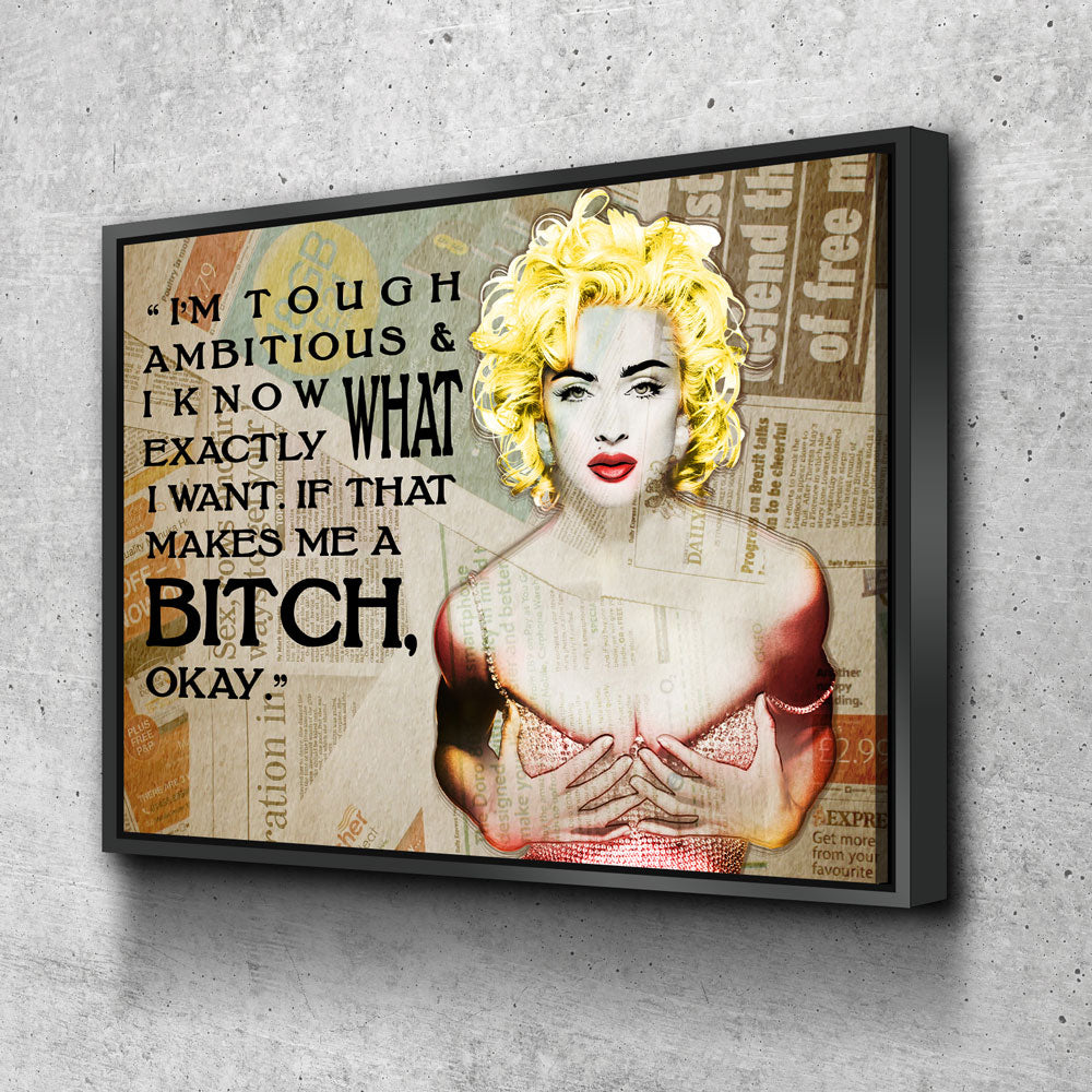 Tough Ambitious motivational quote canvas wall art in a modern bedroom