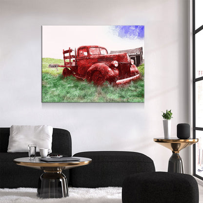Old Red Farm Truck Canvas Wall Art