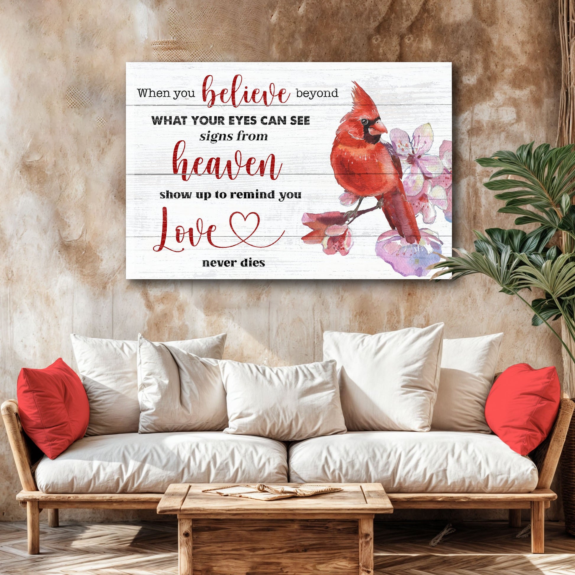 When You Believe Beyond Faith canvas sign with inspirational Christian lettering