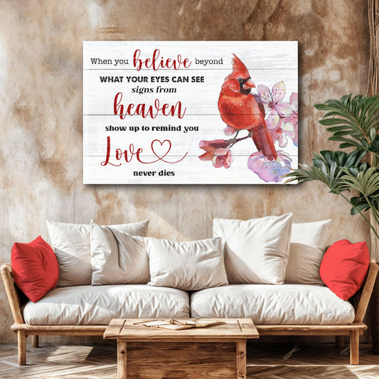 When You Believe Beyond Faith canvas sign with inspirational Christian lettering