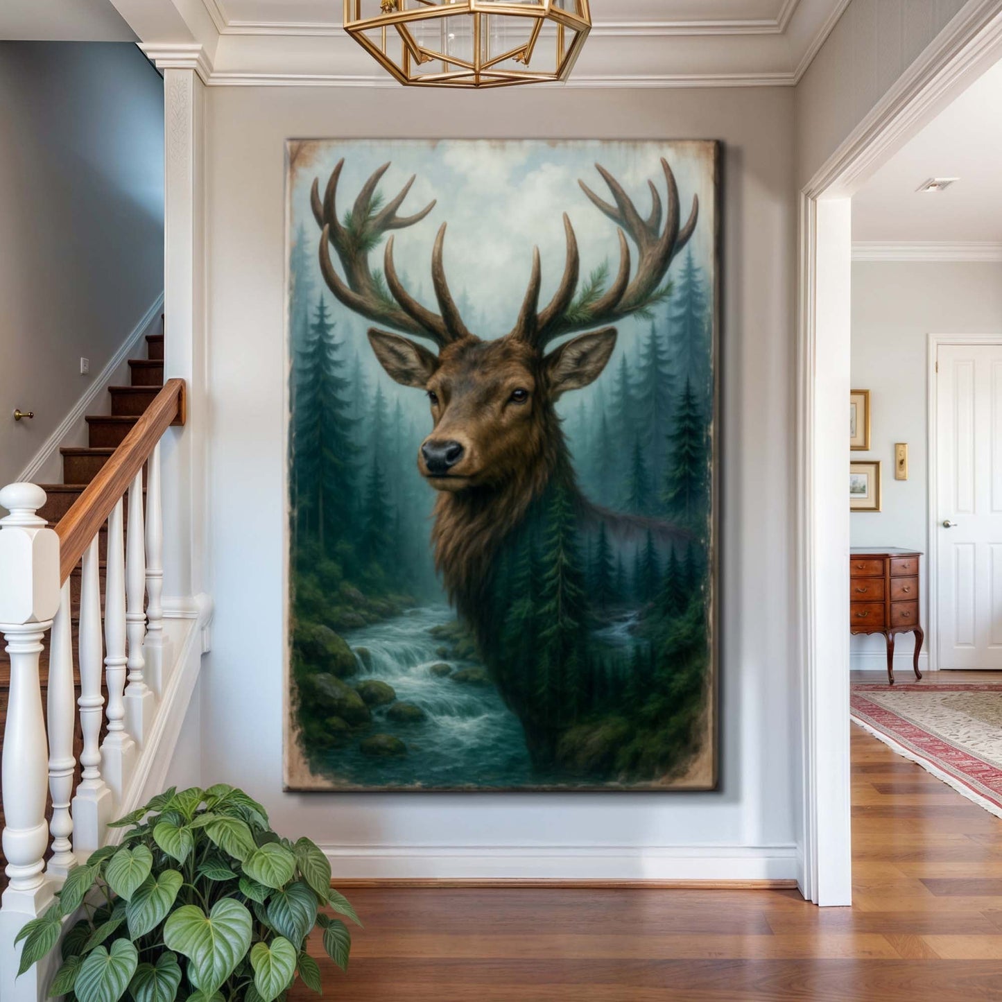Misty stag double exposure canvas wall art blending deer silhouette with moody forest landscape