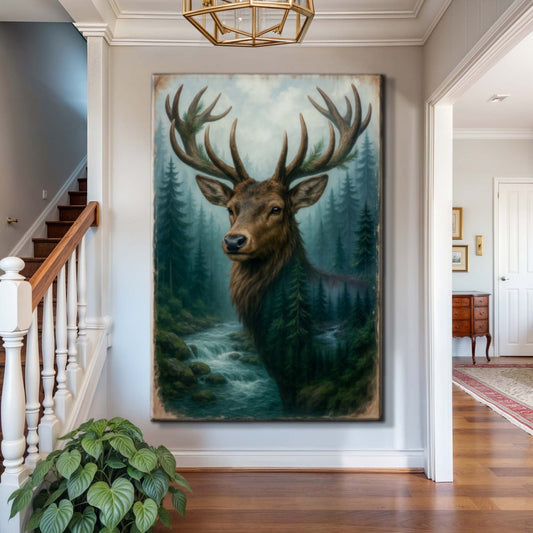 Misty stag double exposure canvas wall art blending deer silhouette with moody forest landscape