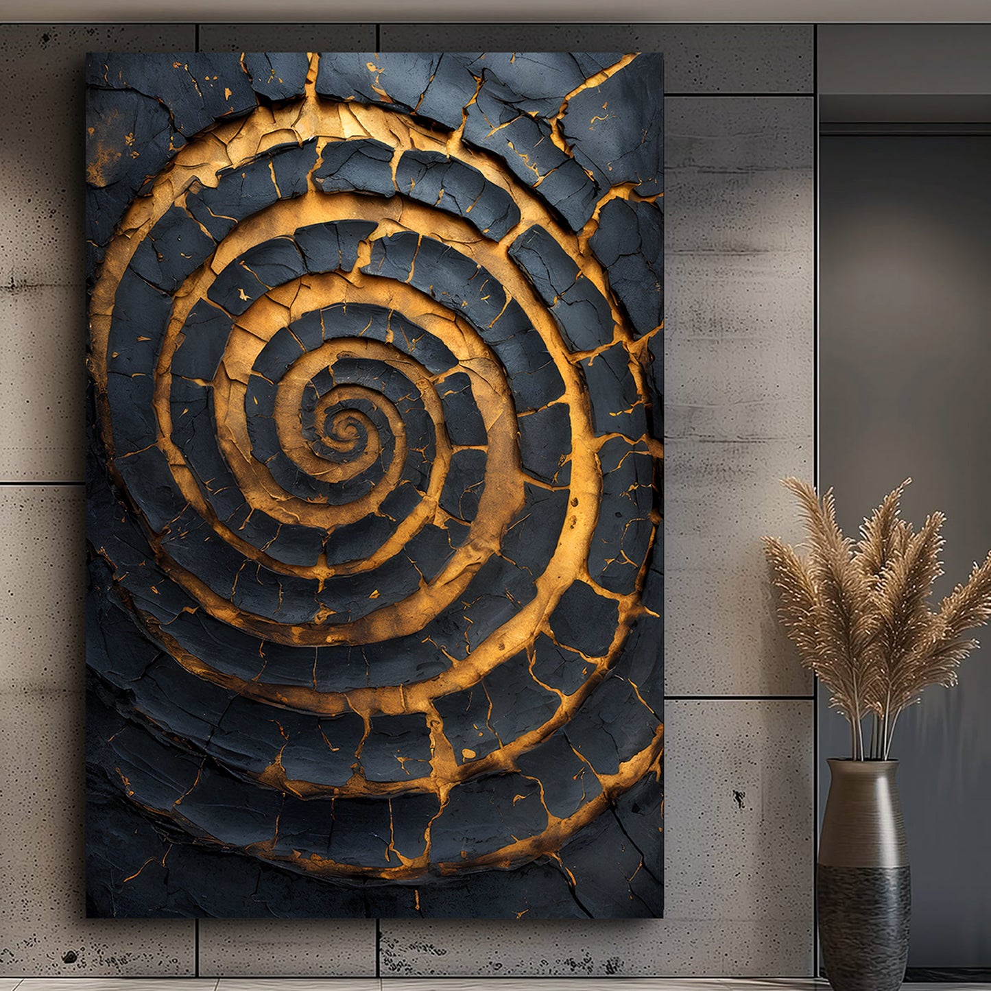 Black and gold spiral abstract canvas wall art with dynamic swirling pattern