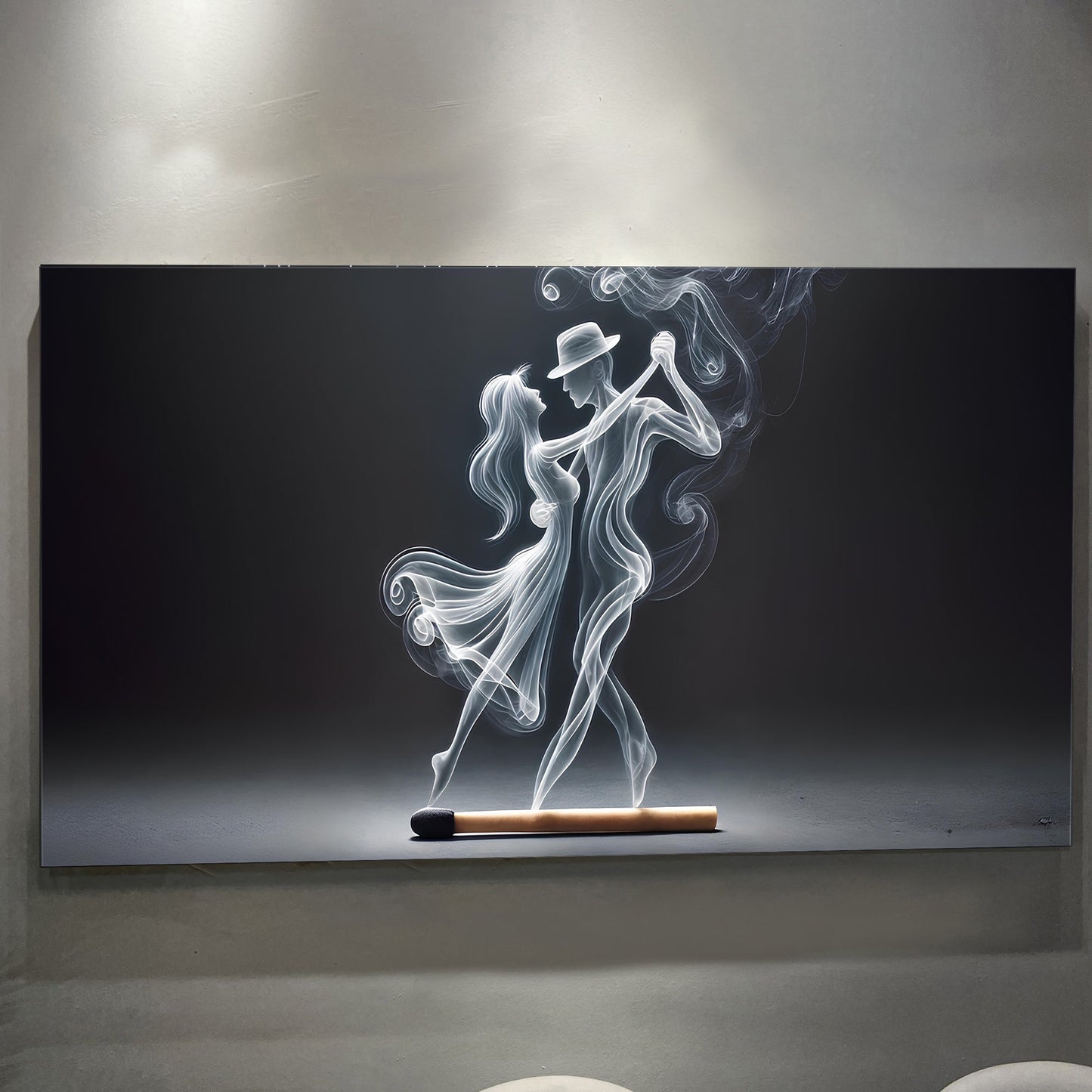 Abstract couple dance canvas wall art with flowing figures in wide-format modern composition