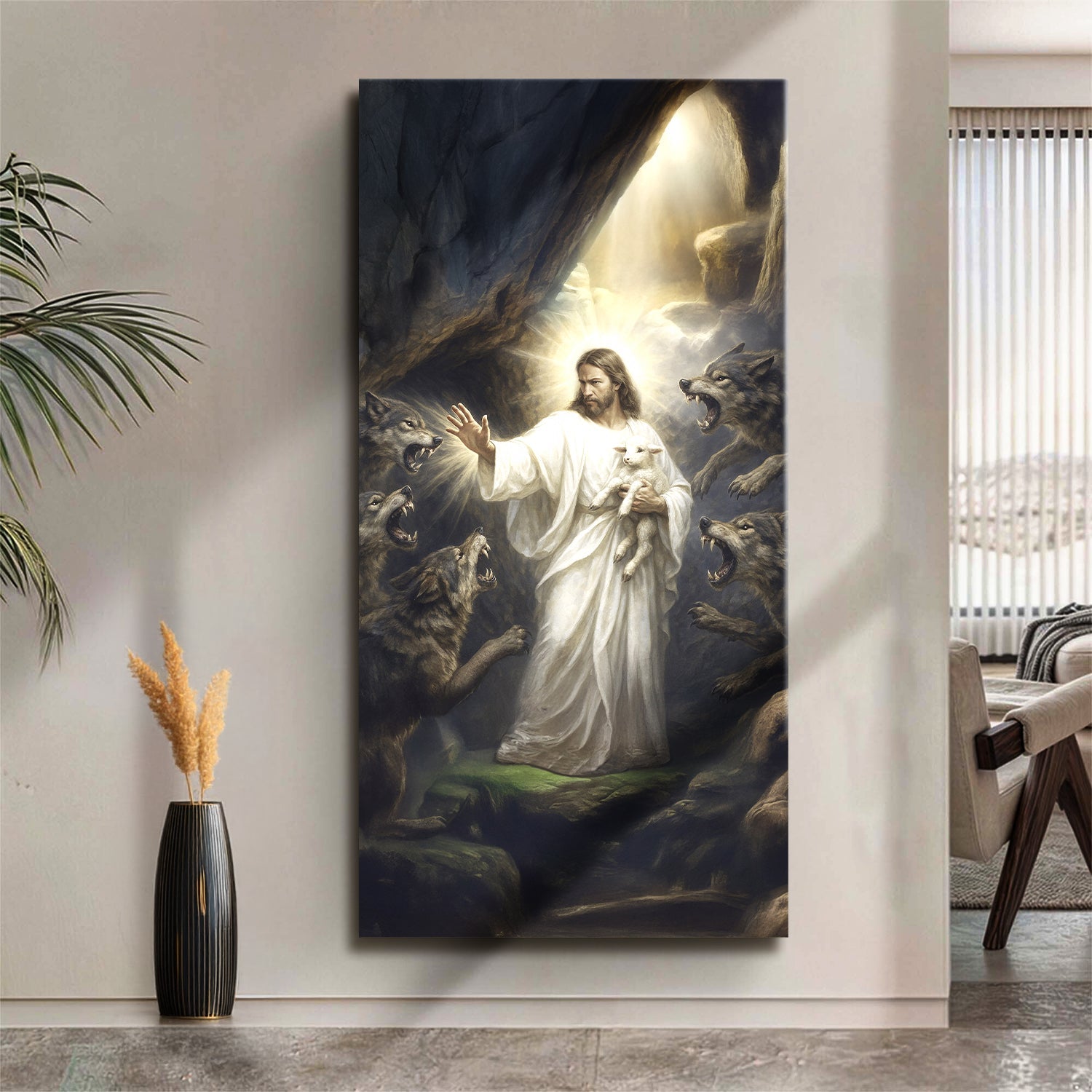 Faith canvas print Jesus and lamb protected from wolves wide horizontal format