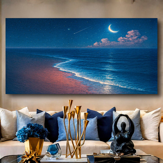 Night beach with a crescent moon over a navy sea and pink sand, canvas above a sofa