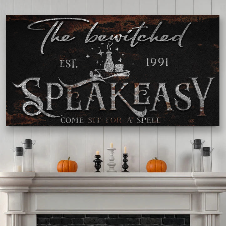 Bewitched Speakeasy Halloween canvas wall art sign for home bar or entertainment room