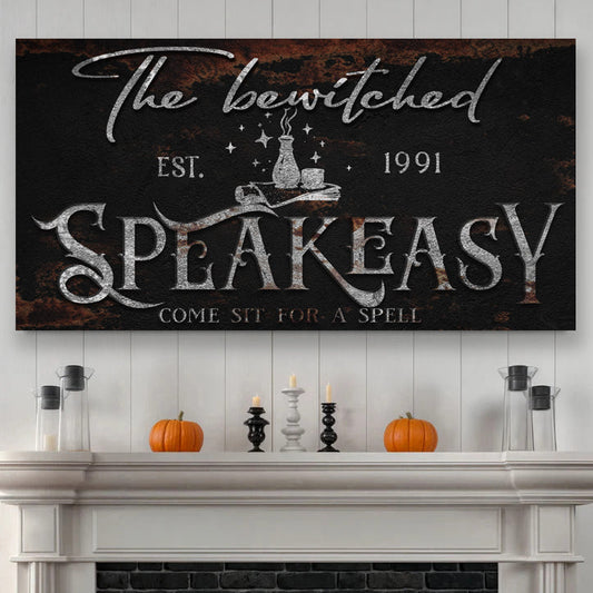 Bewitched Speakeasy Halloween canvas wall art sign for home bar or entertainment room