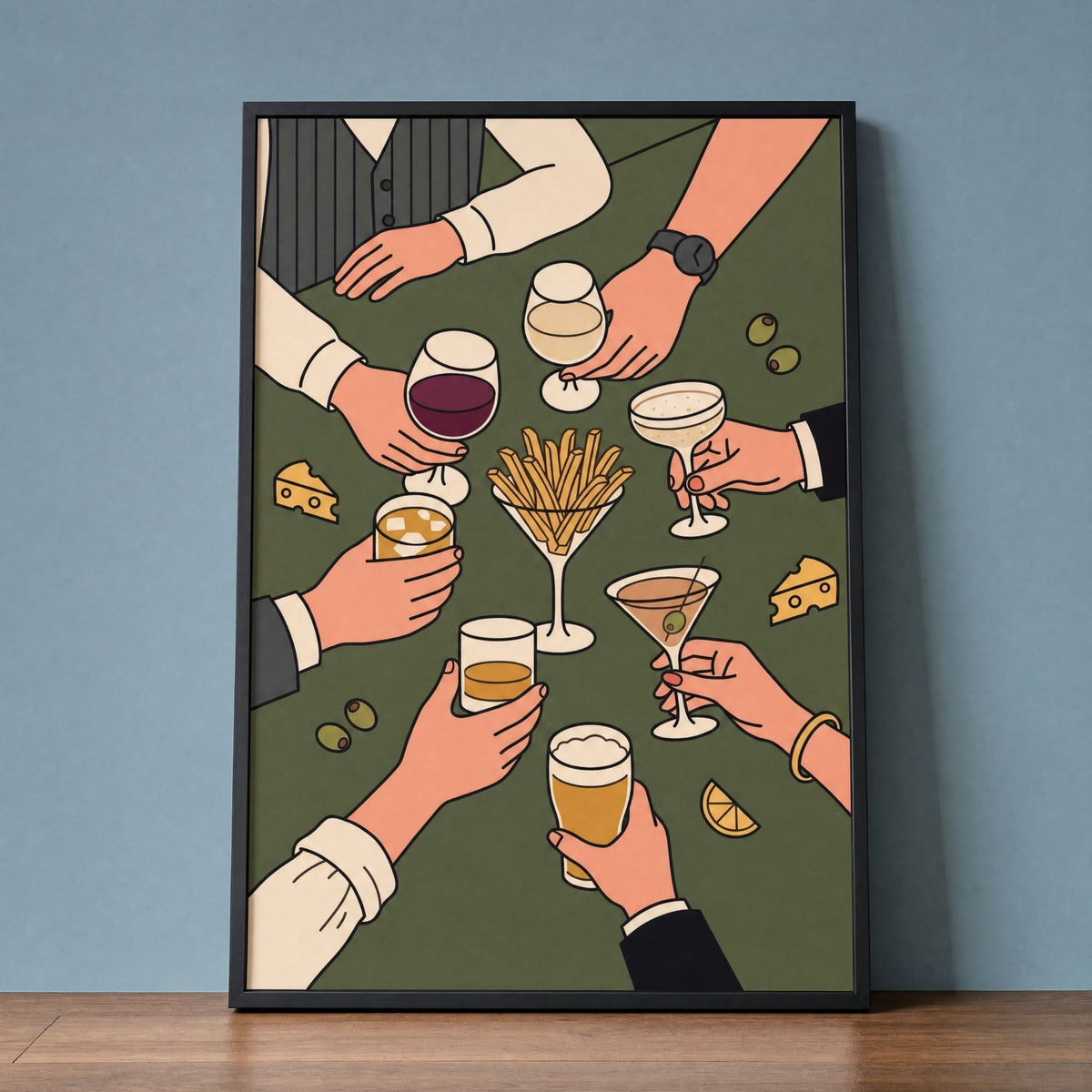 Cocktail wall art leaning against a blue-grey wall in a dark wood frame