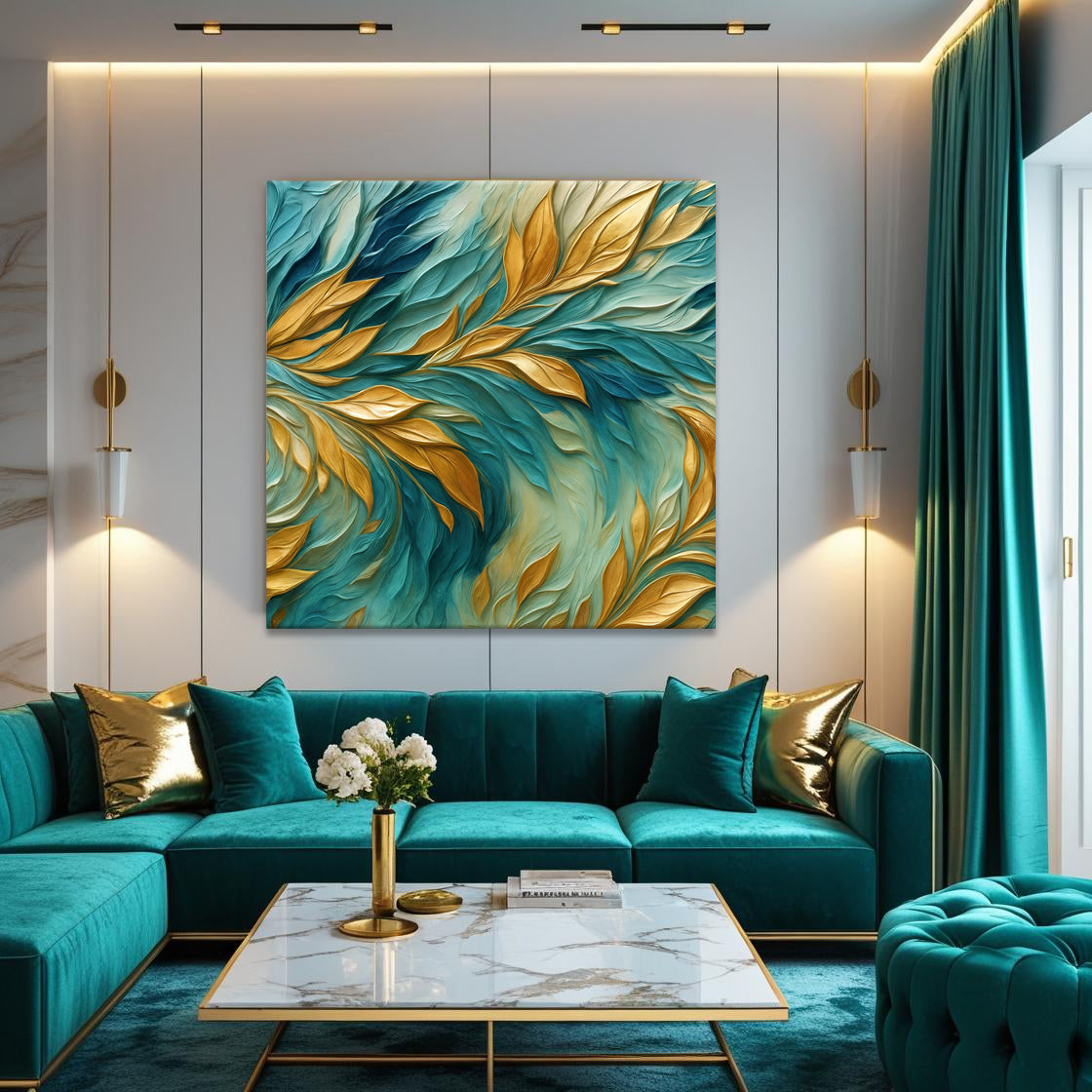 Abstract gold and blue frosty canvas wall art