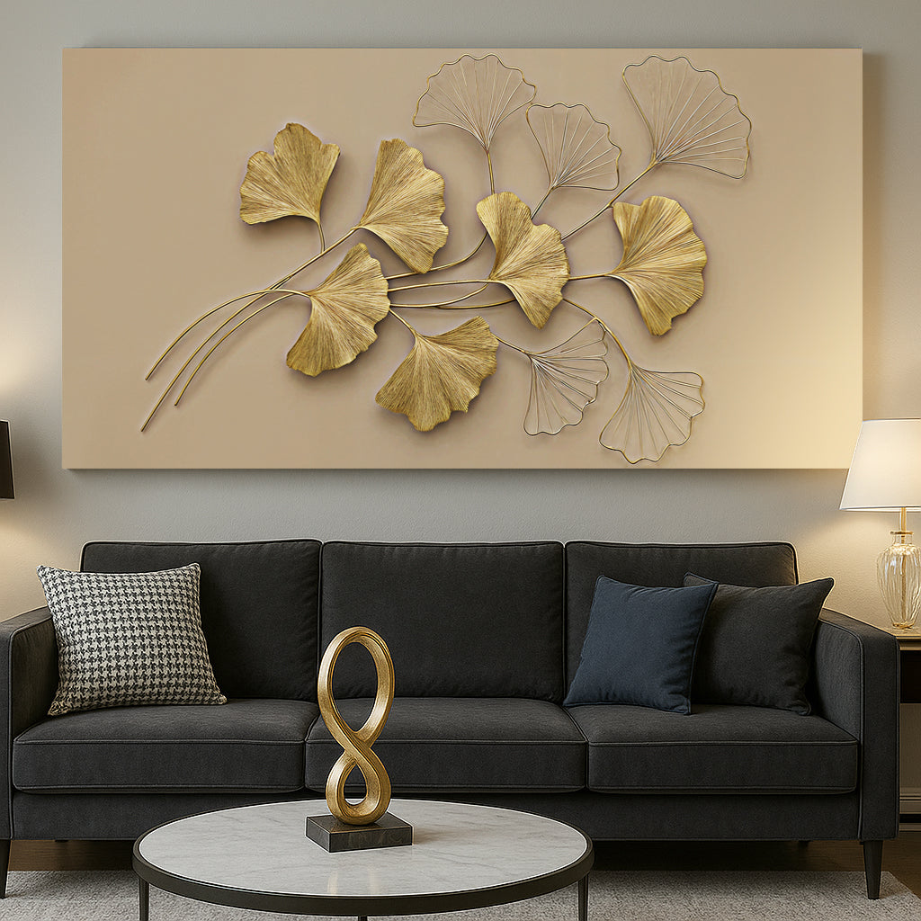Golden botanical floral canvas wall art with delicate plant illustrations and warm gold palette