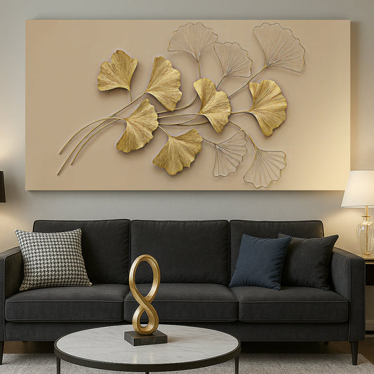 Golden botanical floral canvas wall art with delicate plant illustrations and warm gold palette