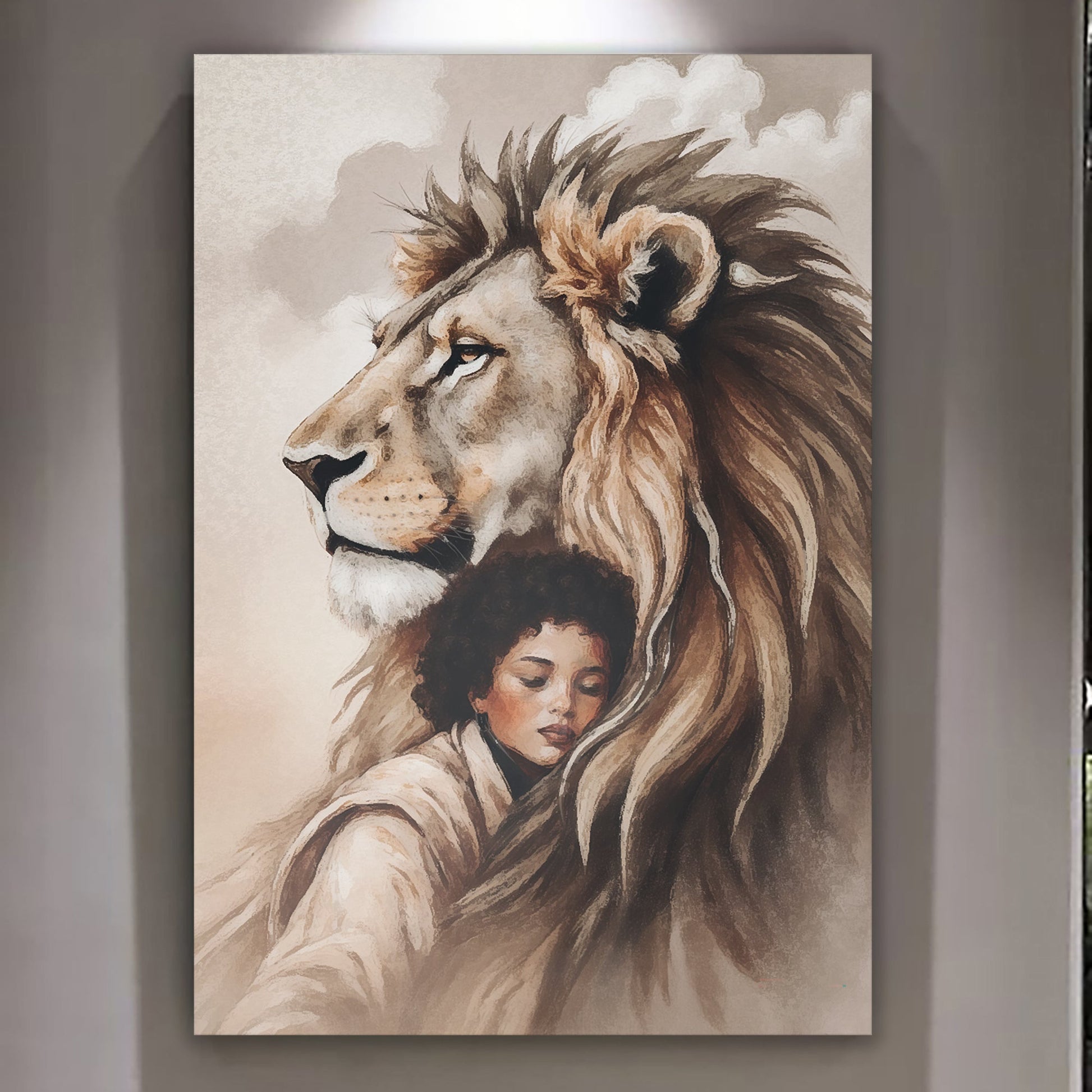 Lion and girl faith canvas wall art with courage and faith imagery for Christian bedroom decor