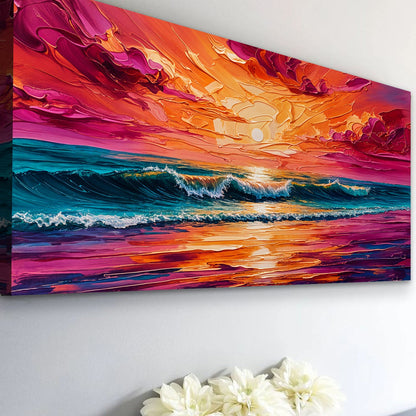 Coastal sunset canvas wall art with a warm evening glow, ready to hang