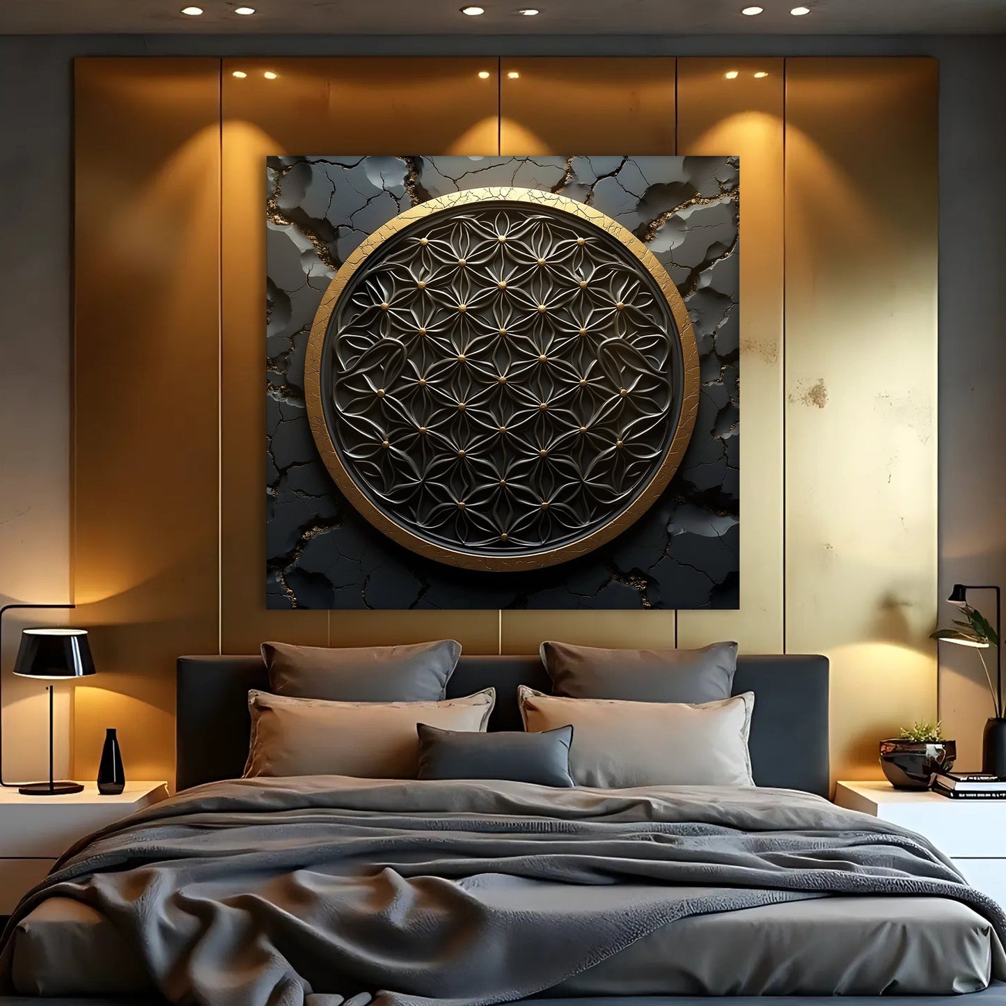 3D Flower of Life gold canvas wall art with cracked texture background, gallery-wrapped