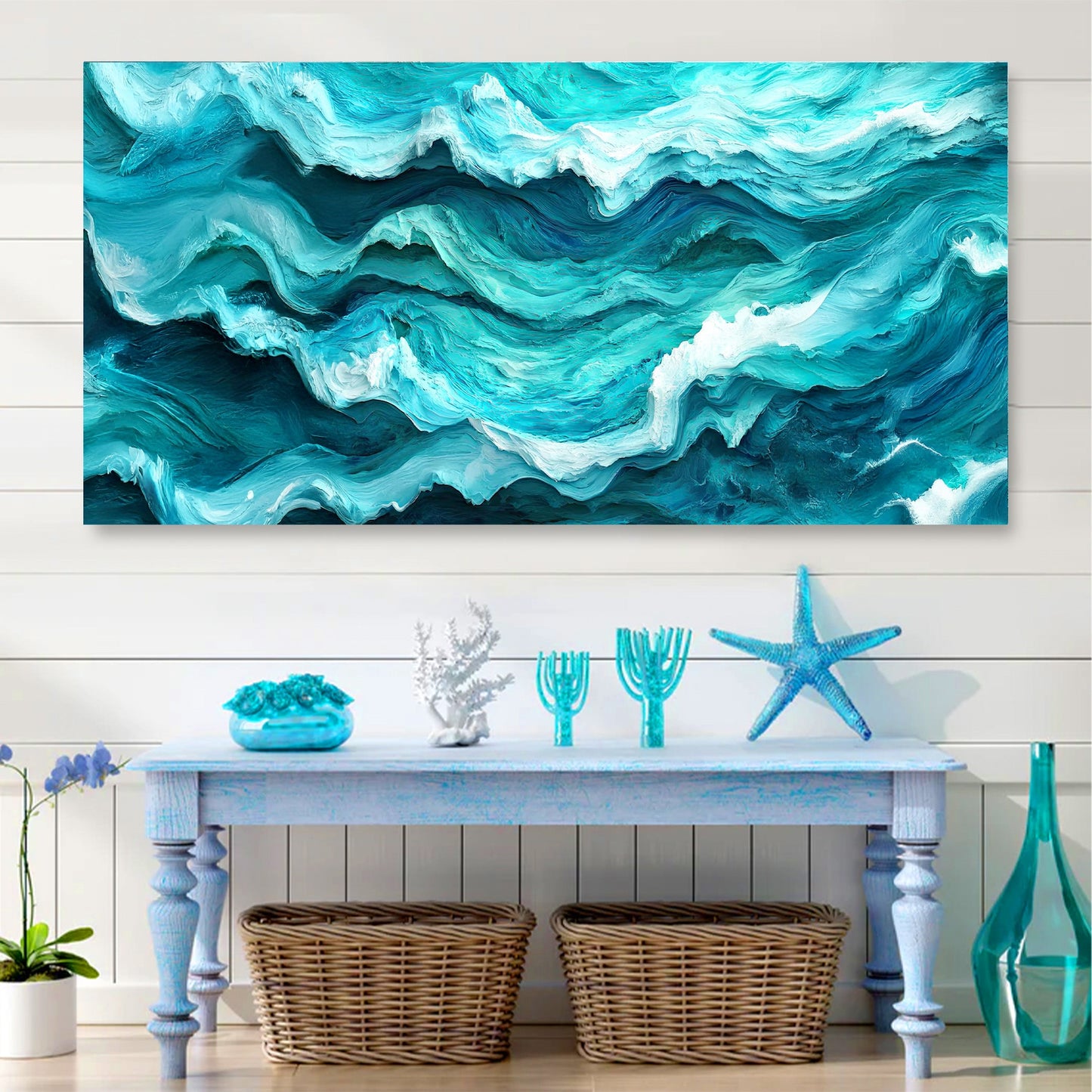 Blue ocean coastal panoramic canvas wall art with calm sea water beach house decor