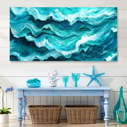 Blue ocean coastal panoramic canvas wall art with calm sea water beach house decor