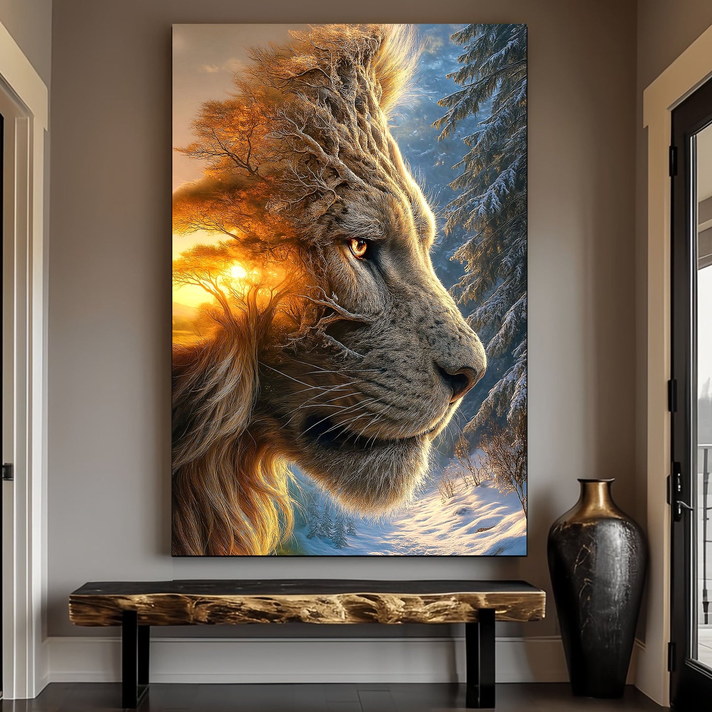 Lion Winter Summer Surrealism Canvas Wall Art