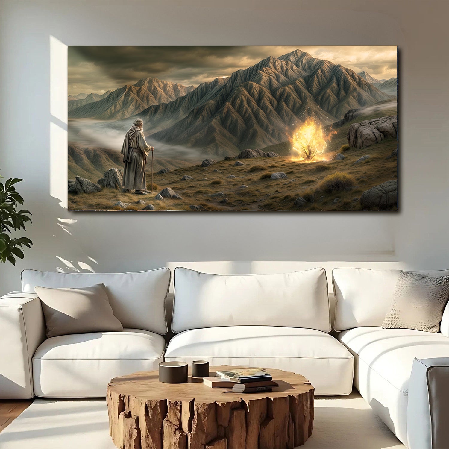 Burning Bush faith canvas wall art with deep glowing color, ready to hang