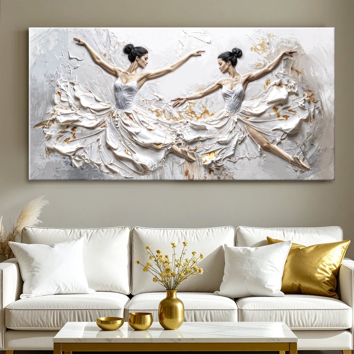 Ethereal dancers abstract canvas wall art with two graceful figures in dreamlike wide-format composition
