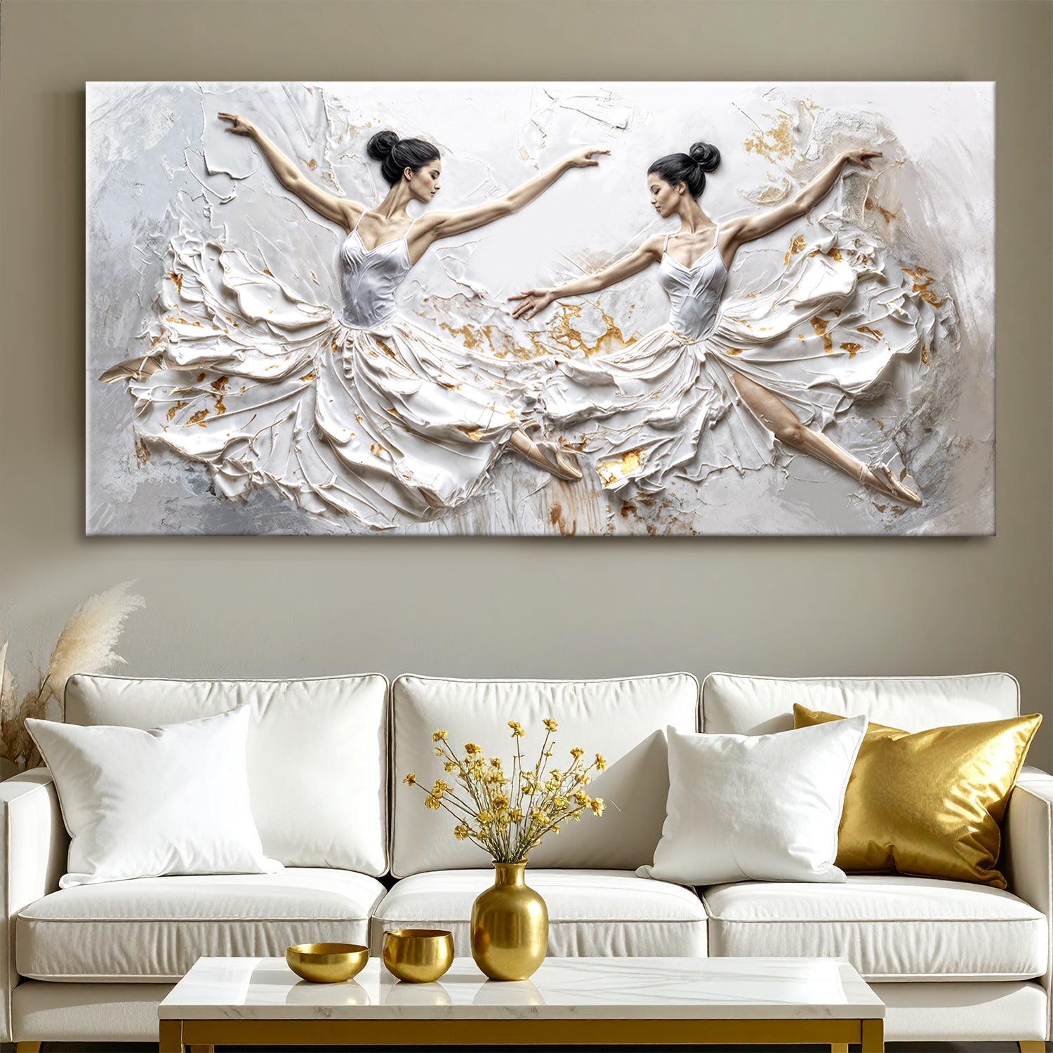 Ethereal dancers abstract canvas wall art with two graceful figures in dreamlike wide-format composition