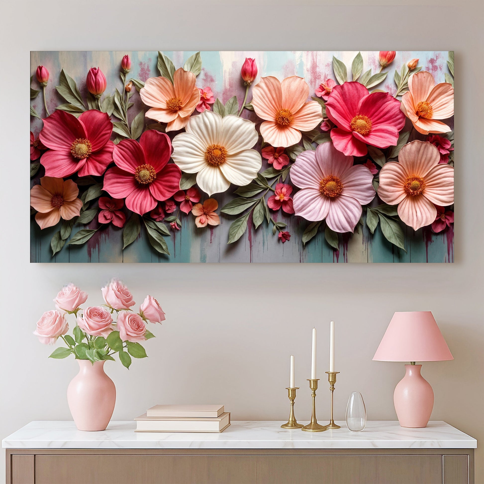 Colorful realistic floral canvas wall art with lush vibrant blooms, botanical decor