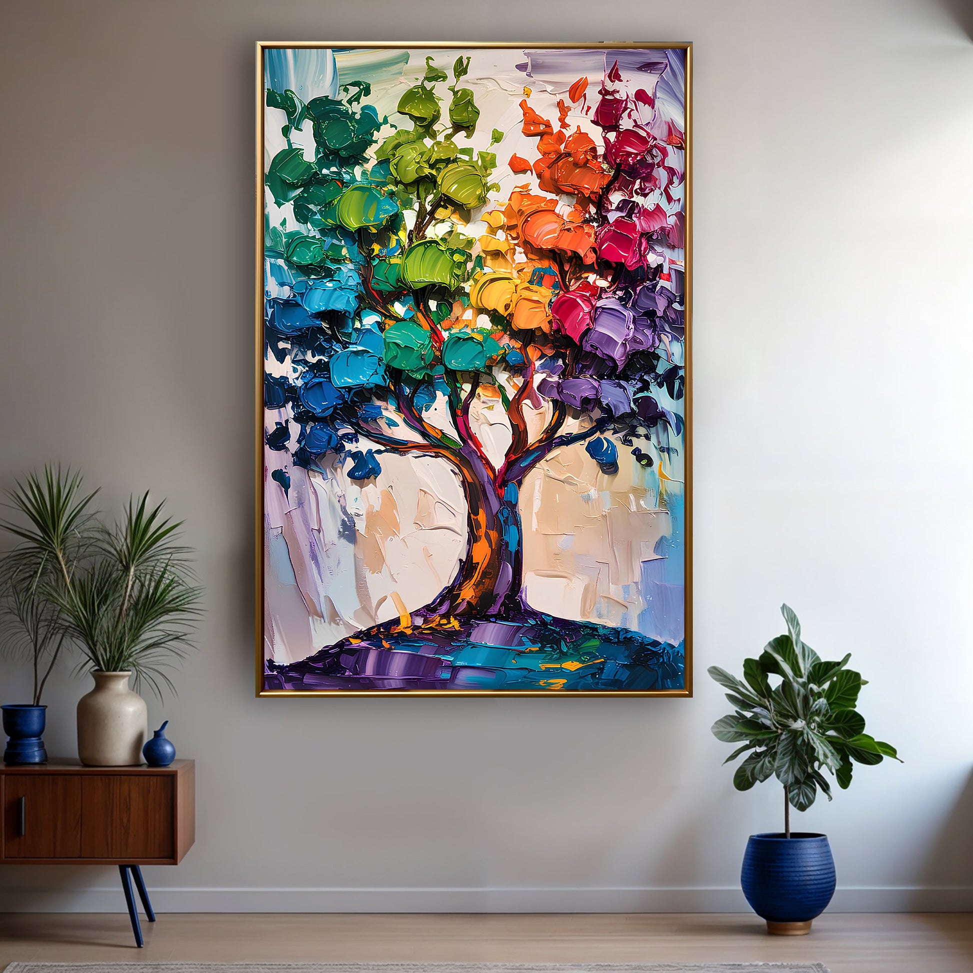 Rainbow tree abstract canvas wall art — colorful nature-inspired tree art