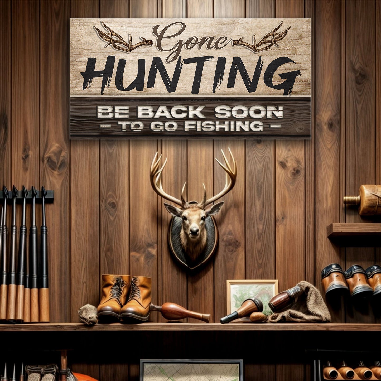 Gone hunting canvas wall art sign with classic outdoor typography on gallery-wrapped canvas