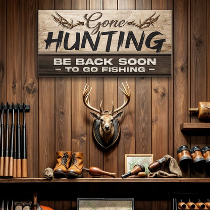 Gone hunting canvas wall art sign with classic outdoor typography on gallery-wrapped canvas