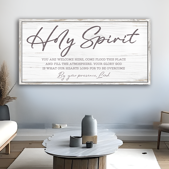 Holy Spirit You Are Welcome Here faith canvas wall art with clean heartfelt typography on gallery-wrapped canvas