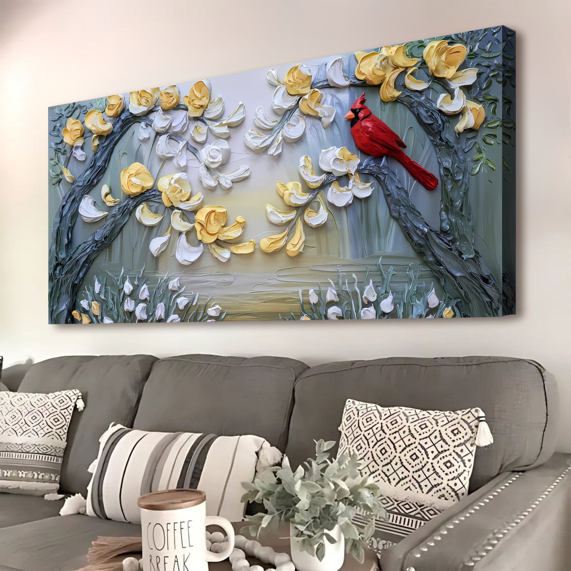 Red cardinal among golden flowers canvas wall art
