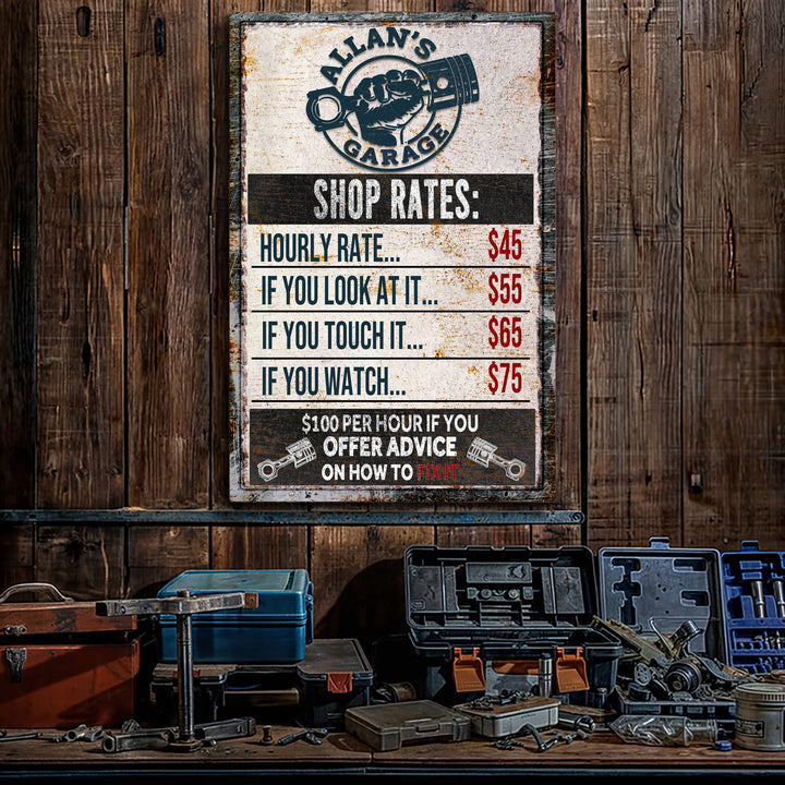 Garage Rules canvas wall art sign with bold fixed text, gallery-wrapped, made in the USA