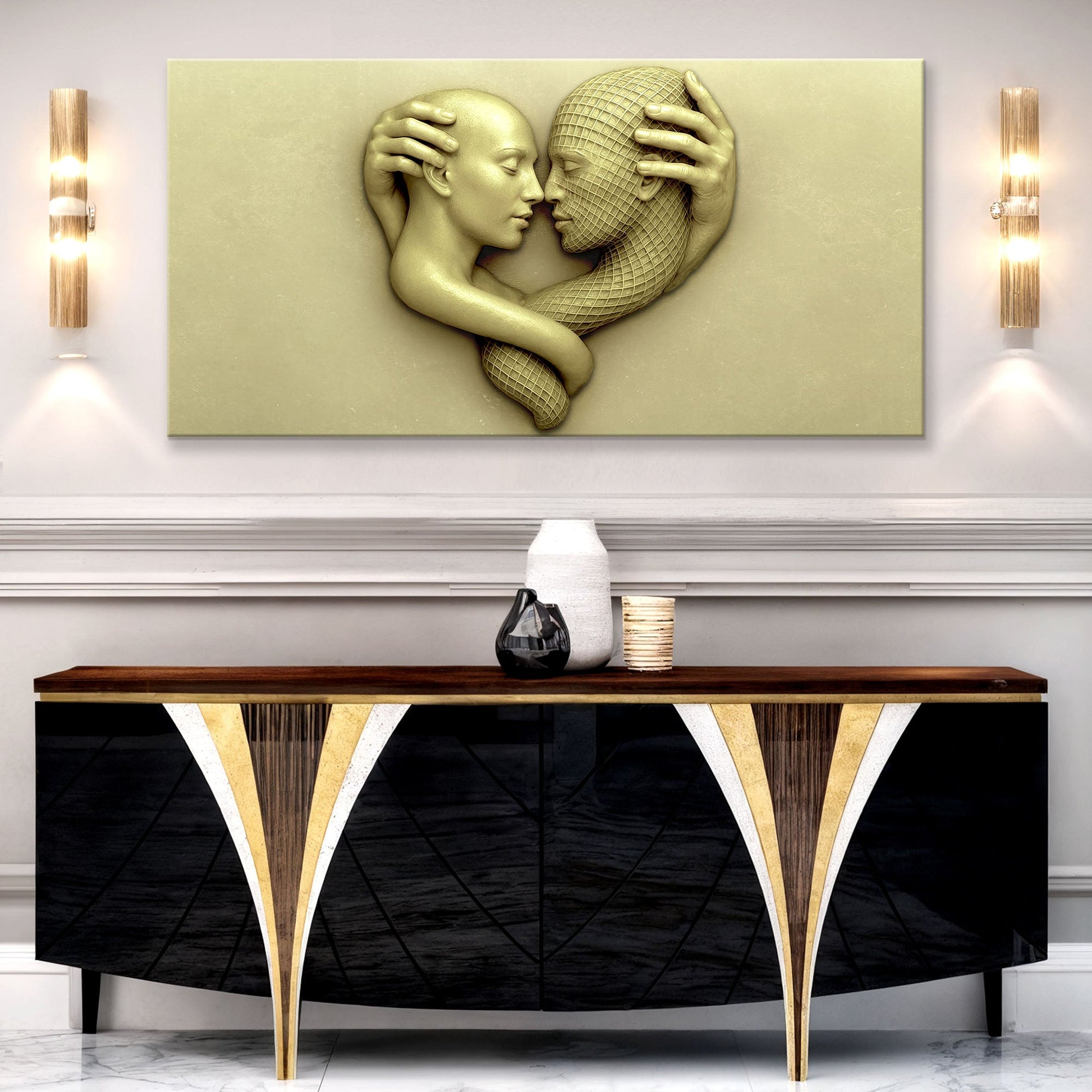 Abstract canvas art of two intertwined figures in flowing lines, romantic modern wall art