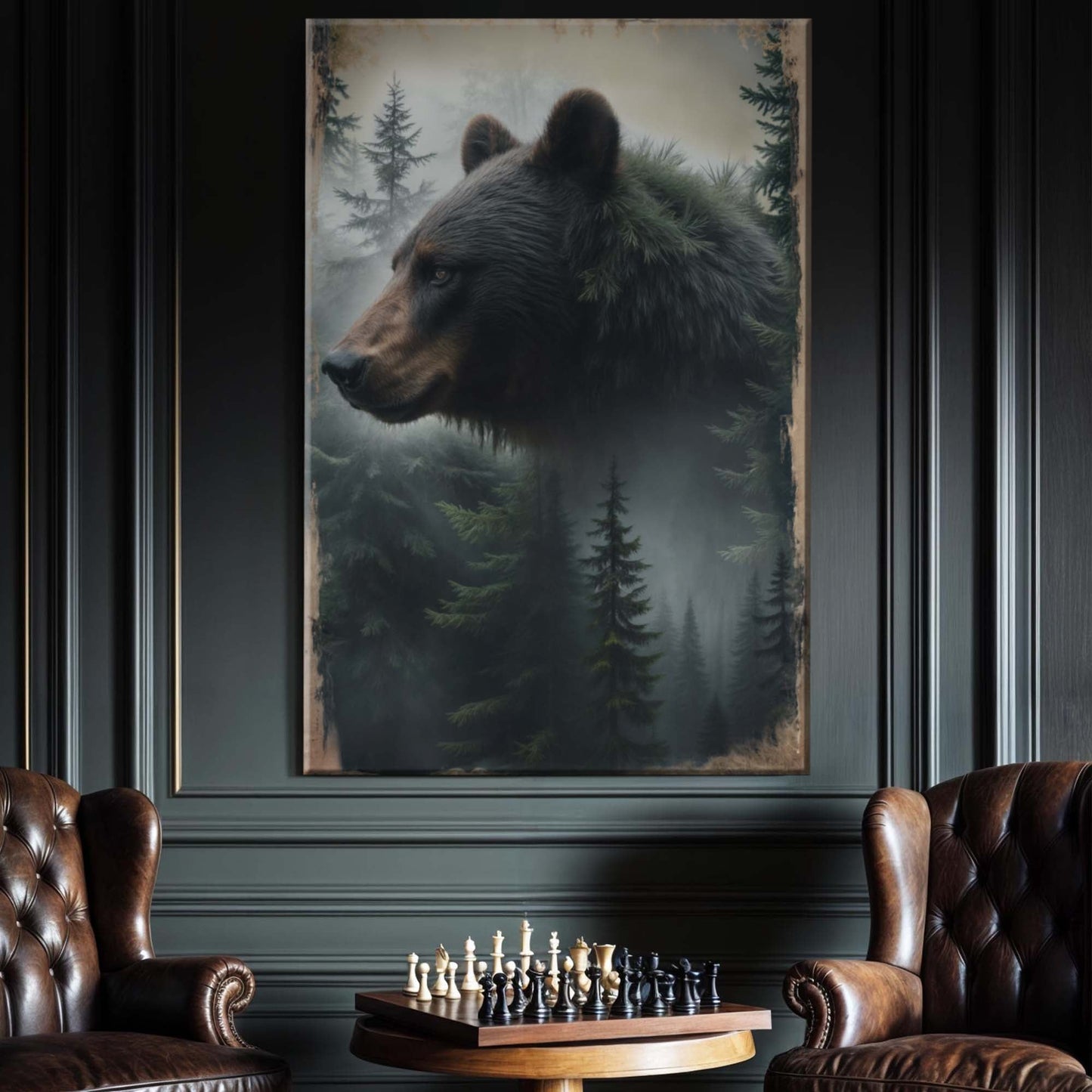 Black bear exposure double-exposure canvas wall art with wildlife nature landscape
