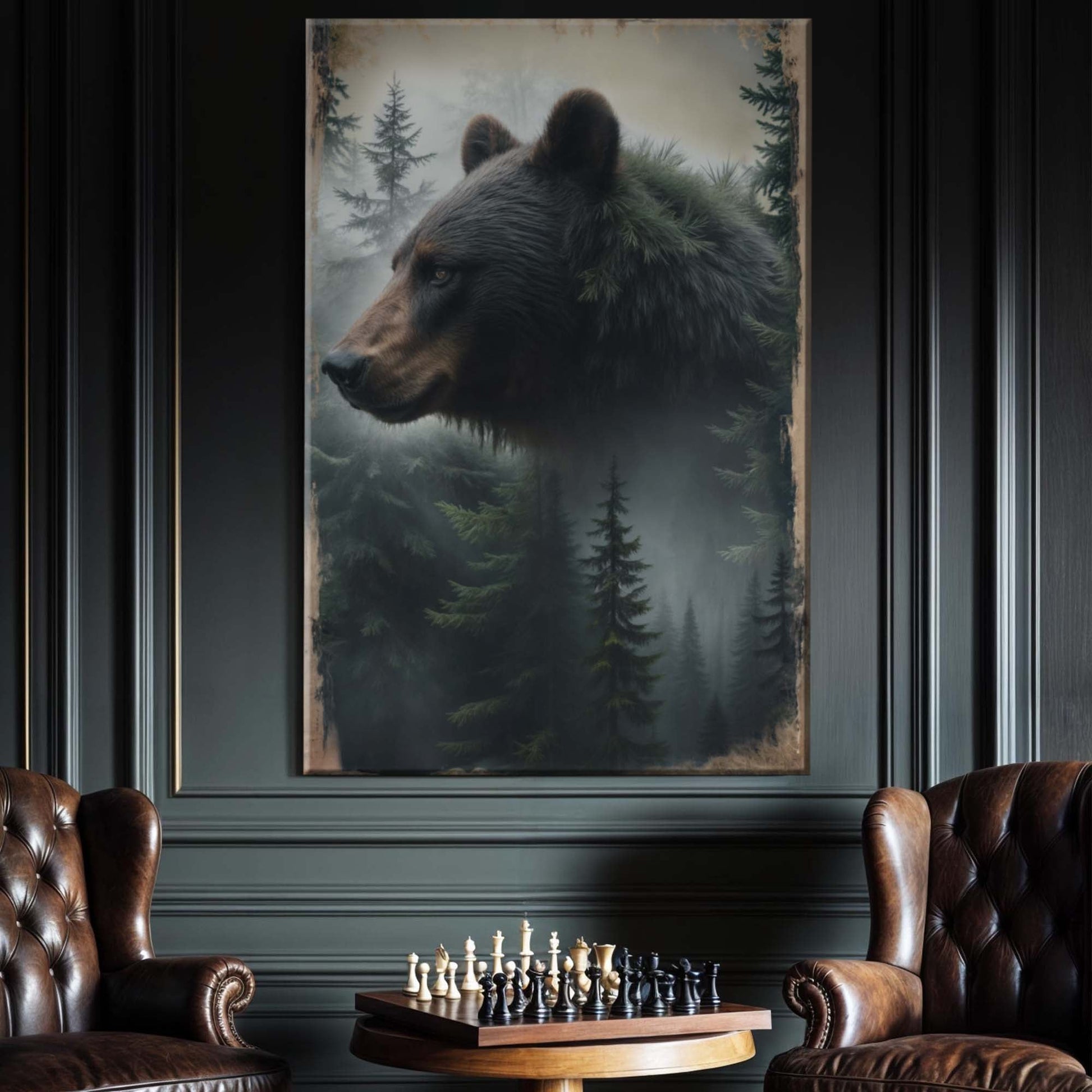 Black bear exposure double-exposure canvas wall art with wildlife nature landscape