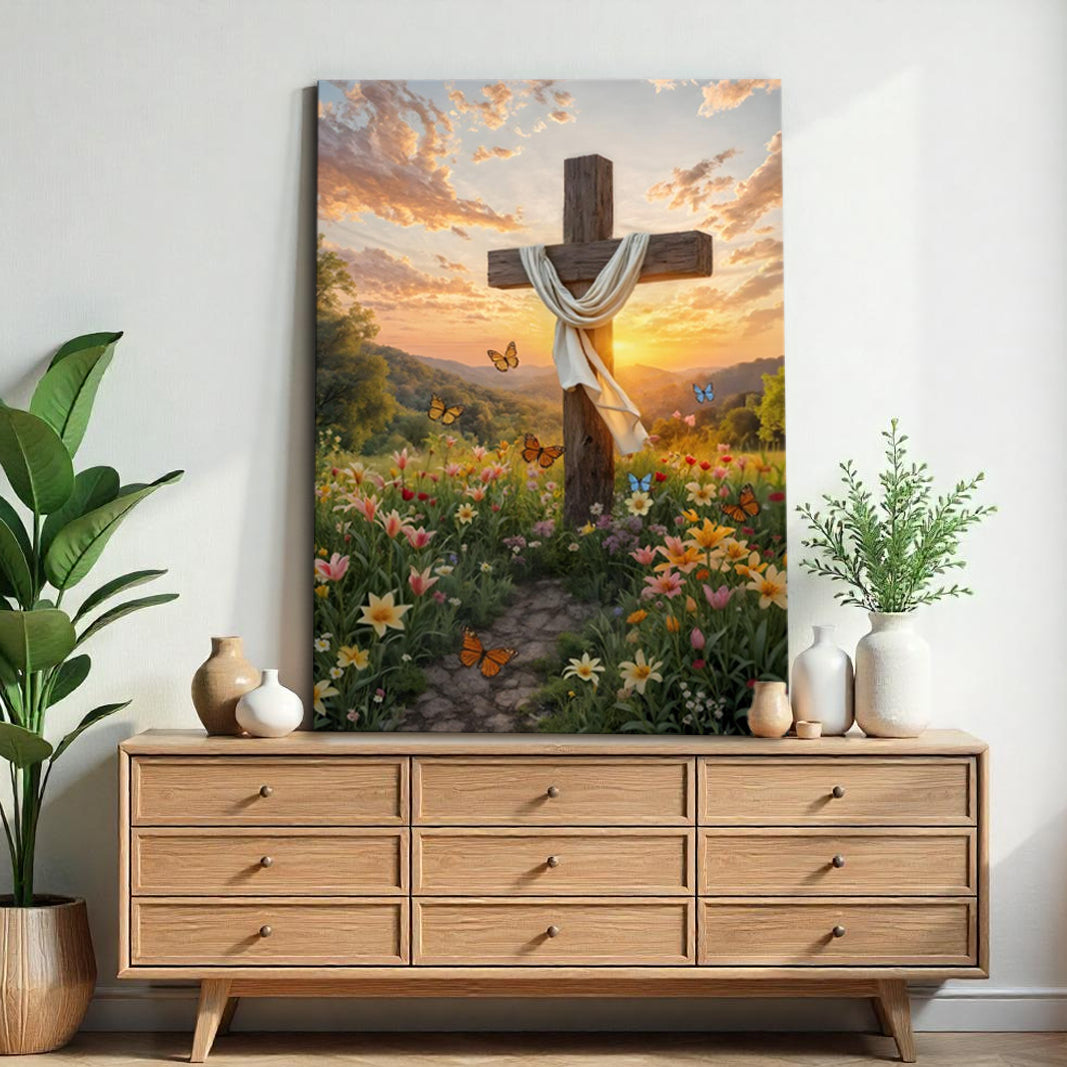 Cross and flowers faith canvas wall art Christian religious floral decor