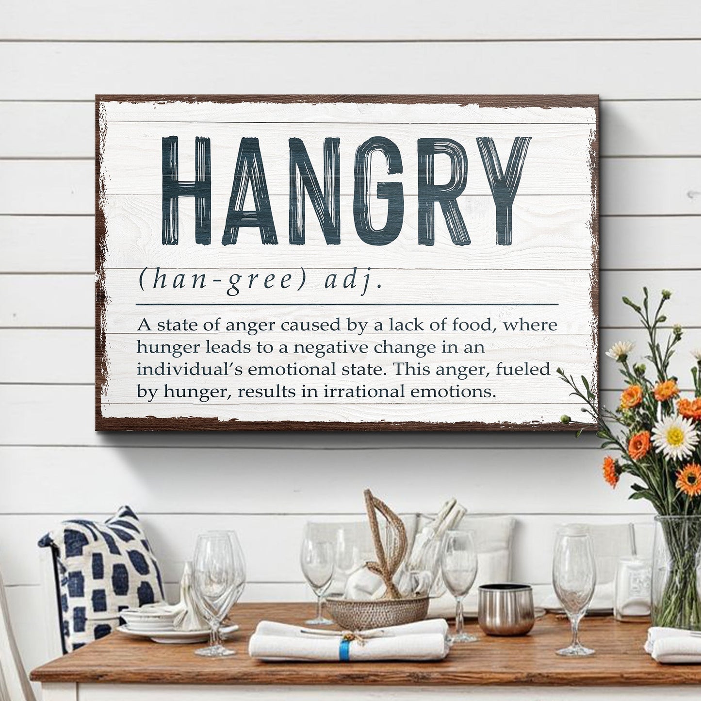 Hangry kitchen sign canvas wall art with playful bold typography