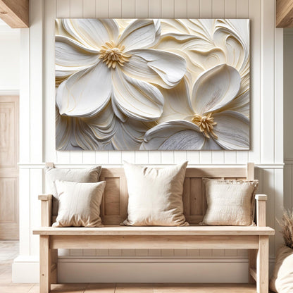 Canvas of large white flowers with gold centers, printed with the look of sculpted plaster, above a wooden bench
