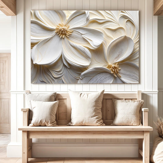 Canvas of large white flowers with gold centers, printed with the look of sculpted plaster, above a wooden bench