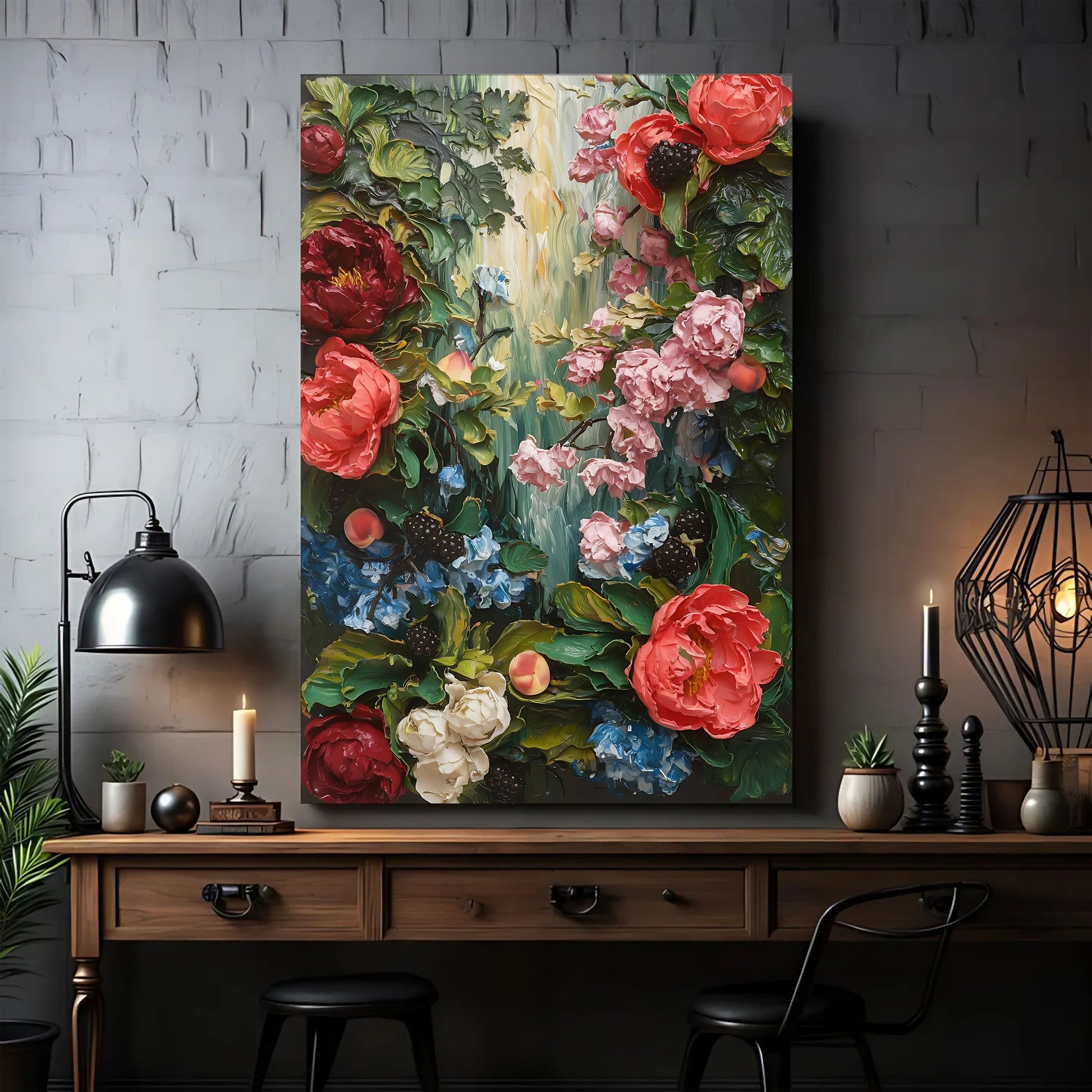Garden floral canvas wall art with vibrant botanical tones, gallery-wrapped, made in the USA