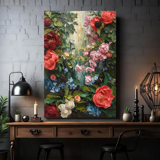 Garden floral canvas wall art with vibrant botanical tones, gallery-wrapped, made in the USA
