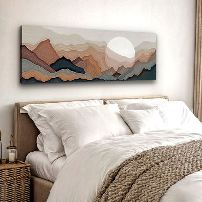 Abstract mountain landscape canvas wall art with forest and river in earthy tones, ready to hang