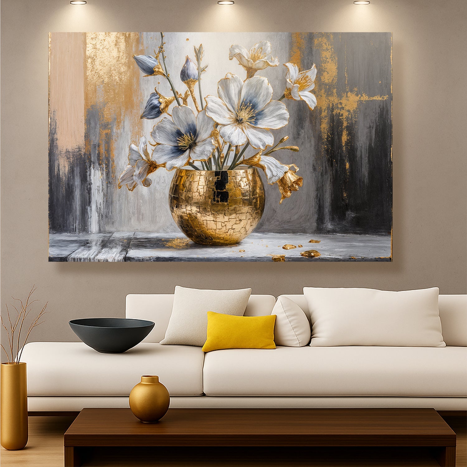 Magnolia bloom in gold abstract canvas wall art — floral botanical decor, gallery-wrapped